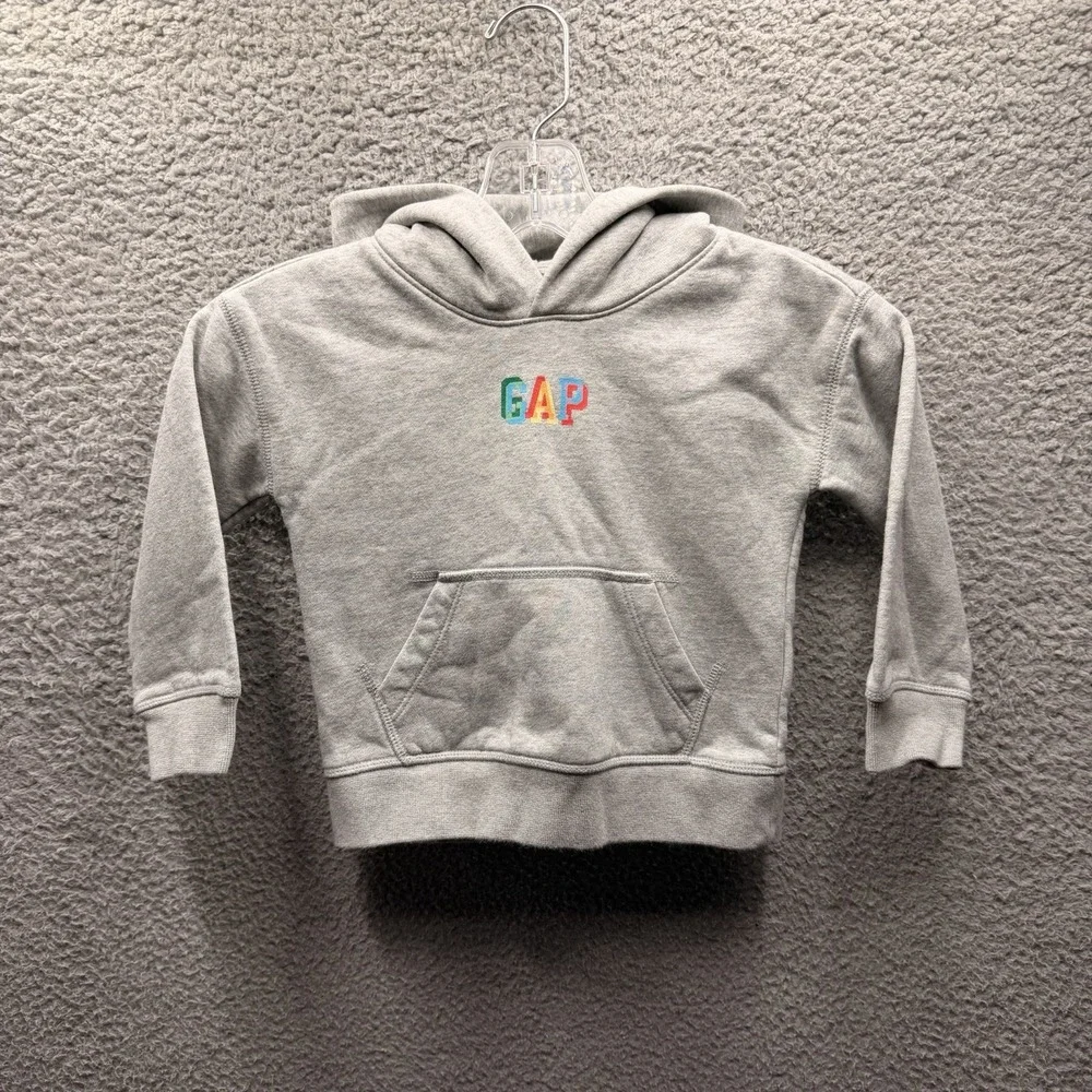 GAP Hoodie Toddler Boy Size 3T Heather Gray Multi-Colored Logo Pullover Hoodie